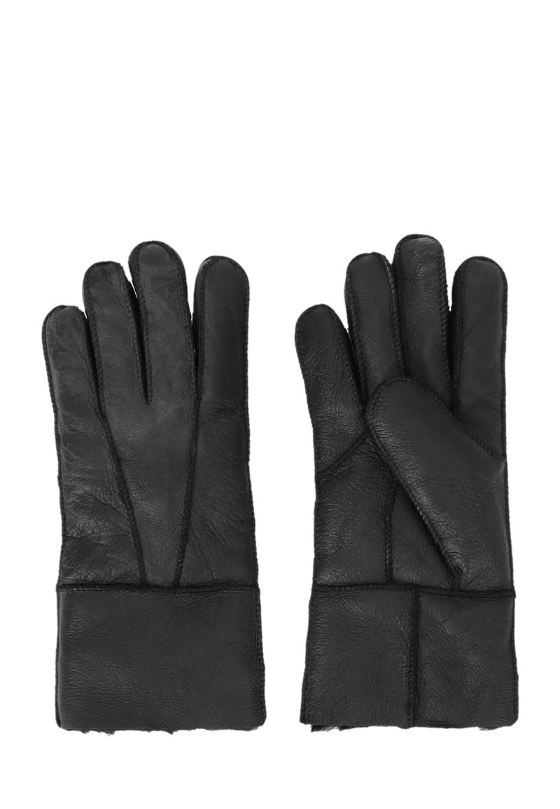 Gants en cuir noir avec des coutures piquées, présentant une texture lisse et un design à cinq doigts. Doublure intérieure non visible.