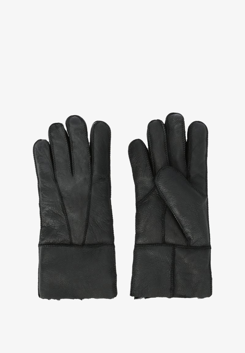 Gants en cuir noir avec des coutures piquées, présentant une texture lisse et un design à cinq doigts. Doublure intérieure non visible.