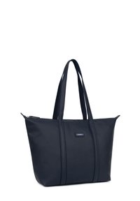 Borsa tote navy in materiale liscio, dotata di due lunghe maniglie, cuciture verticali doppie e chiusura zip sulla parte superiore.