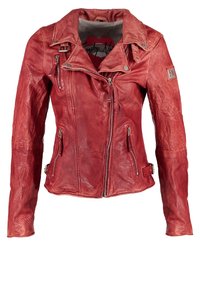 Red leather motorcycle jacket with textured sleeves, zippered pockets, snap collar, and prominent stitching details. Features a fitted design.