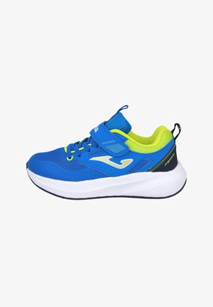 Zapatillas deportivas azules con parte superior de malla, detalles en verde neón y suela blanca. Incluyen una correa de velcro y detalles de cordones.