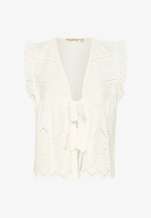 Fehér pamut blúz V-nyakkal, rövid fodros ujjakra és díszes lyukacsos részletekre a szegélyén és a testén. Deréknál megkötős.