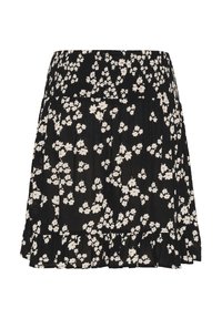 Falda negra con flores, con un dobladillo con volantes, que presenta pequeñas flores blancas y detalles rojos. Hecha de tela ligera, con una cinturilla elástica.