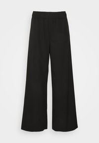 Black wide-leg pants with an elastic waistband, made from lightweight fabric, featuring a smooth texture and no visible patterns or accents.