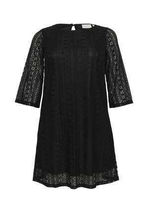 Black lace dress with three-quarter sleeves, featuring a textured floral pattern, slightly flared silhouette, and a keyhole back opening.