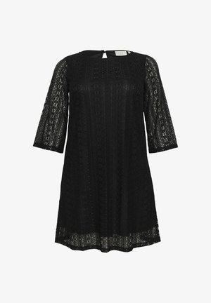 Must mustriga kleit kolmeveerandvarrukatega, millel on tekstuuriga lillemuster, veidi laienev siluett ja võtmeaugu seljaosa avatavus.