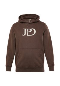 Felpa marrone con tasca frontale, cappuccio con cordino e grande logo JP grigio chiaro sul petto. Tessuto morbido con polsini e orlo a costine.