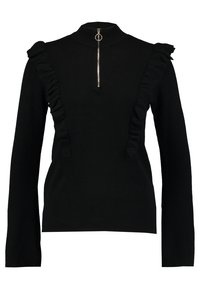 Czarny sweter wykonany z dzianiny, z wysokim kołnierzem i zapięciem na zamek. Posiada falbany na ramionach oraz długie rękawy.
