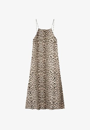 Løstsiddende leopardmønstrede slip-kjole med justerbare spaghetti-stropper, der har en flydende silhuet i beige og brune nuancer. Glat stoftekstur.