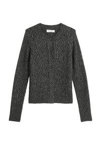 Cardigan grigio a maglia con maniche lunghe, collo rotondo e chiusura frontale con bottoni. Il tessuto testurizzato presenta un motivo sottile.