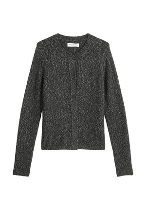 Grijze gebreide cardigan met lange mouwen, ronde halslijn en knoopsluiting aan de voorkant. De textuur van de stof heeft een subtiel patroon.