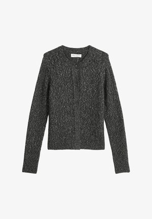 Gray knit cardigan with long sleeves, rounded neckline, and front button closure. Textured fabric features a subtle pattern.
