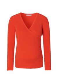 Rode ribgebreide lange mouw top met een diepe V-hals en een kruislingse design. Heeft een zachte textuur en een snug fit, geschikt voor laagjes.