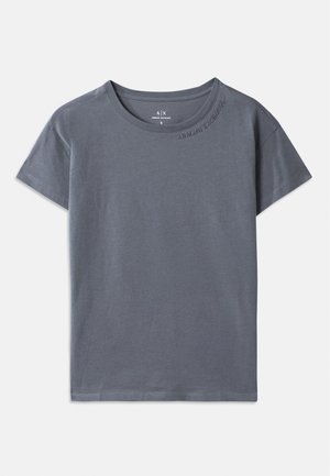 Grijze katoenen T-shirt met korte mouwen, ronde halslijn en gestikte logo-details op de voorkant. Glad textuur en relaxte pasvorm.