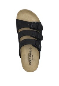 Black slide sandal with three adjustable straps and buckle closures. Soft inner lining, contoured footbed, and textured outsole. Size 37.