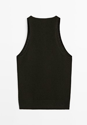 Veste noire sans manches en maille avec un col rond et un ourlet côtelé, vue de dos sur fond blanc.