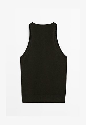 Veste noire sans manches en maille avec un col rond et un ourlet côtelé, vue de dos sur fond blanc.