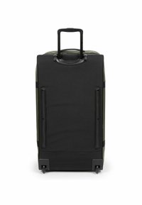 Valigia nera e verde oliva con manico telescopico, tessuto texture, ruote lisce e cinghie di compressione laterali.