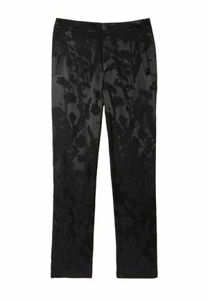 Black pants made of satin fabric, featuring a subtle floral pattern, straight leg design, and side pockets. Smooth texture and sleek finish.