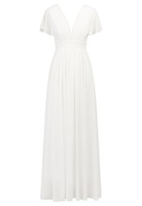 Lang witte jurk met korte zwierige mouwen, diepe V-hals en geplooide taille. Gemaakt van lichtgewicht stof, met een vloeiende rok en delicate details.