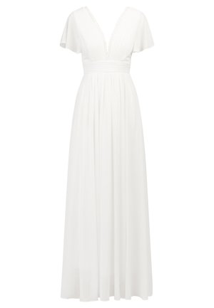 Lang hvid kjole med korte flæseærmer, dyb V-udskæring og samlet talje. Fremstillet af letvægtsstof, med en blød nederdel og delikate detaljer.
