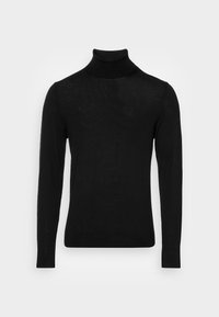 Pull à col roulé noir en tissu tricoté lisse. Il présente des manches longues et une coupe ajustée sans motifs ni ornements.