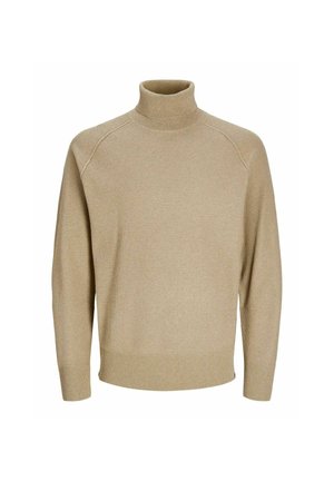 Maglione beige a collo alto in maglia con maniche lunghe e polsini e orlo a coste.