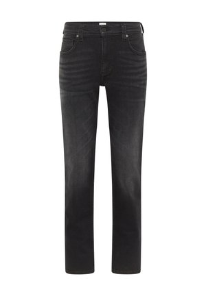 Jeans de mezclilla negra con un corte recto, que presentan cinco bolsillos y un desvanecimiento sutil para añadir textura. Cierre clásico con botón y cremallera.