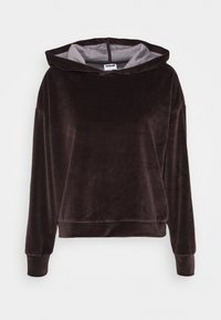 Hoodie in velluto marrone caratterizzato da una vestibilità relaxed, maniche lunghe, cappuccio con cordino e un morbido rivestimento interno grigio.