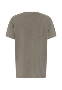 Schlichtes kurzärmeliges T-Shirt in verblasstem Olivgrün, von hinten auf weißem Hintergrund gezeigt.