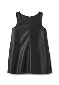 Schwarzes ärmelloses Kleid aus Kunstleder, mit glatter Textur, rundem Halsausschnitt und einem Reißverschluss auf der Rückseite für den Verschluss.