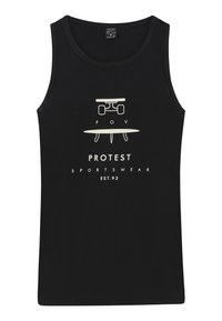 Čierny tielko vyrobené z bavlny, so grafickým dizajnom obsahujúcim "POV," skate grafiku a "PROTEST SPORTSWEAR EST. 93" v bielej farbe.