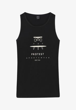 Czarny top na ramiączkach wykonany z bawełny, z graficznym nadrukiem zawierającym "POV", grafiką skate oraz napisem "PROTEST SPORTSWEAR EST. 93" w białym kolorze.