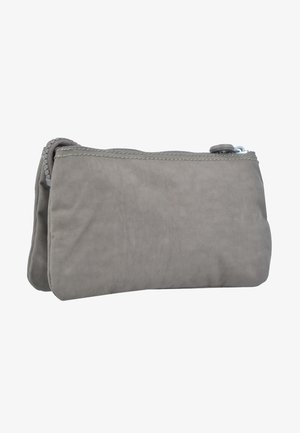Gray fabric pouch with a zipper closure, rectangular shape, soft texture, and a simple design. Features visible stitching along edges.