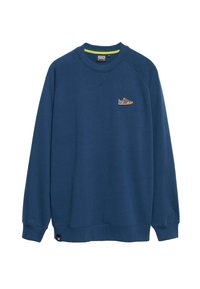 Felpa blu navy realizzata in misto cotone, con colletto rotondo a giro e polsini a coste. Grafica notevole di una sneaker dai colori vivaci sul petto.
