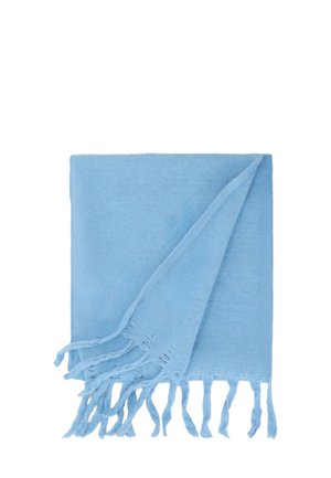 Light blue woven scarf with a soft texture and fringed edges, folded neatly. Material appears lightweight and smooth.