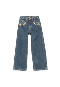Kapelekka denimkalsongar í dökkbláum þvott, með blómamyndun í hvítu og rauðu við mittið. Klassískar fimm vasa hönnun.