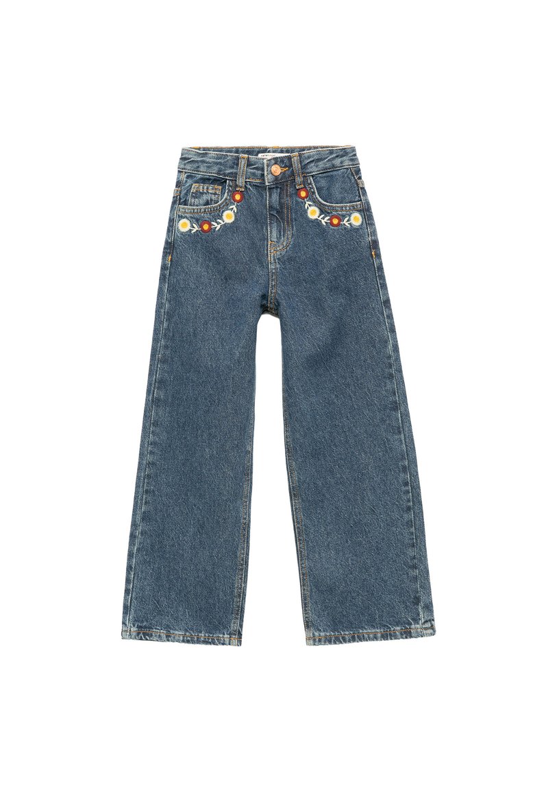 Kapelekka denimkalsongar í dökkbláum þvott, með blómamyndun í hvítu og rauðu við mittið. Klassískar fimm vasa hönnun.