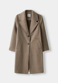 Cappotto in misto lana marrone con colletto, due tasche frontali, chiusura a singolo bottone e silhouette dritta. Texture morbida, interno sfoderato.