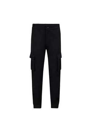 Zwarte cargobroek met elastische tailleband, taps toelopende pijpen, twee zijzakken en een zachte stoftextuur. Ideaal voor casual kleding.