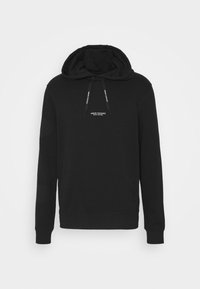 Black hooded sweatshirt made of cotton, featuring long sleeves, a kangaroo pocket, and a front logo print in white. Smooth texture.