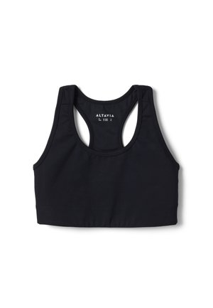 Sujetador deportivo negro con espalda racerback y etiqueta Altavia en la parte interior trasera, mostrado plano sobre un fondo blanco.
