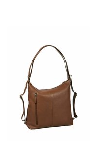 Bolso de mano de cuero marrón con una superficie texturizada, una sola correa para el hombro y un bolsillo lateral con cremallera para almacenamiento adicional.