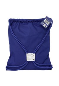 Borsa a cordoncino blu realizzata in tessuto resistente, con parte superiore arricciata e etichetta con le istruzioni per la cura attaccata all'angolo.