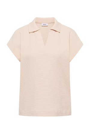 Blusa beige a maniche corte con trama, scollo a V aperto e colletto morbido, realizzata in tessuto leggero.