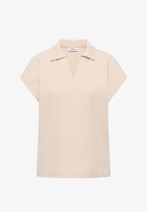 Blusa beige de manga corta con textura, cuello en V abierto y cuello suave, hecha de tela ligera.