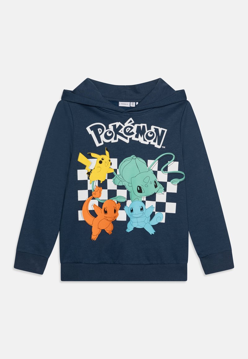 Sweat à capuche bleu marine avec un graphique coloré de personnages Pokémon : Pikachu, Eevee, Bulbizarre et Carapuce sur un fond à carreaux.