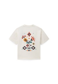 Εκρού T-shirt με κοντά μανίκια με πολύχρωμο pixelated floral σχέδιο σε πορτοκαλί, κόκκινο, μαύρο, τιρκουάζ και μπεζ στην πλάτη.