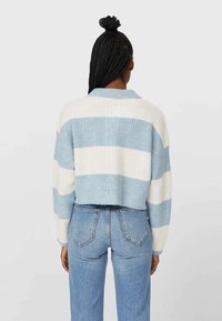 Persona con capelli intrecciati che indossa un maglione a righe blu e bianche e jeans chiari a vita alta, vista da dietro.