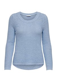 Maglione lavorato a maglia blu chiaro con scollatura a girocollo, maniche lunghe e orlo leggermente curvato. Materiale testurizzato con dettagli a costine ai polsini e all'orlo.